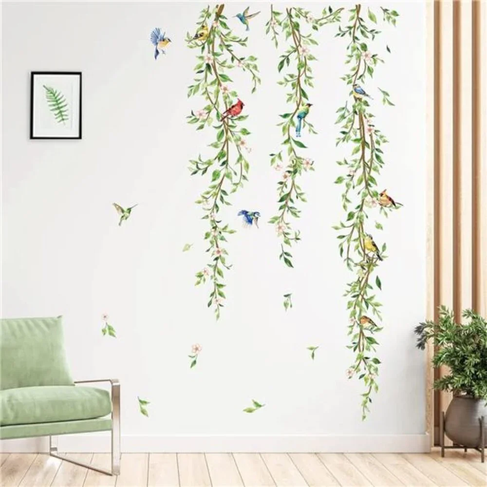 Hanging Vine Wall Decals Green Leaf Wall Stickers Birds Bedroom Living Room Deco